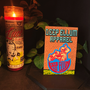 yellow and orange stylized skeleton on a skateboard with Deep Ellum in text